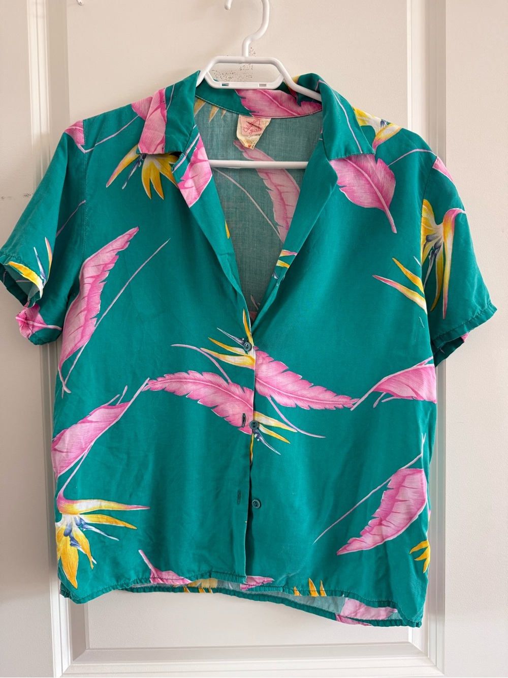 Teal Tropical Hawaiian Button-Up Shirt with Pink & Yellow Print